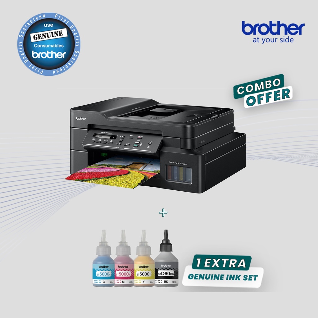 Combo Brother DCP-T820DW All-in-One Refill Ink Tank Printer with Wi-Fi & Auto Duplex Printing + Genuine 1 Ink Set Bottle