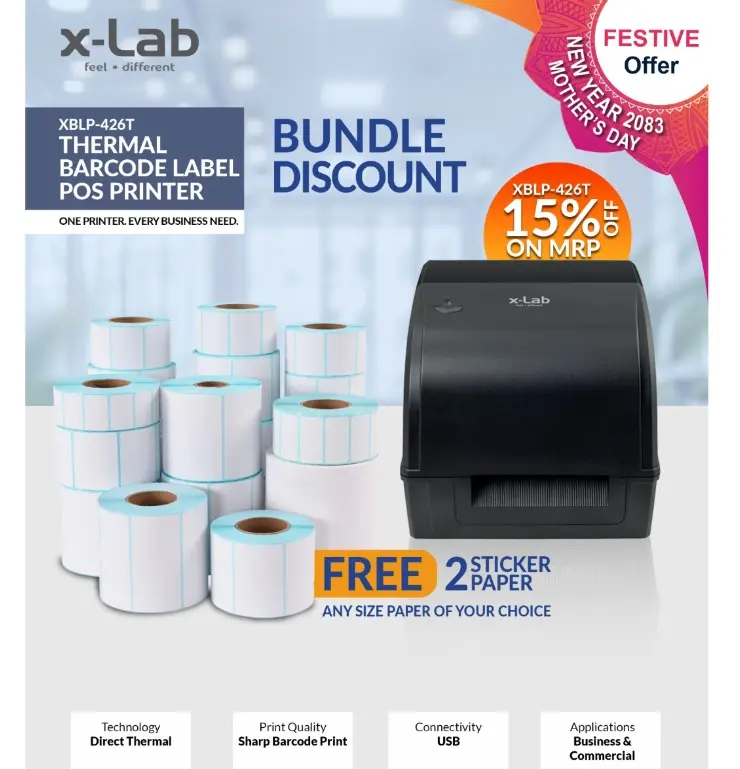 xLab XBLP-426T Thermal Barcode/Label & POS Printer + Any size 2 Units Label Paper Rolls
